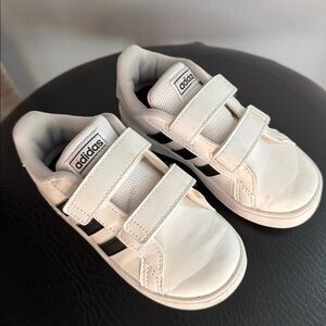 Adidas Kids White Sneakers with Black Stripes Size 8